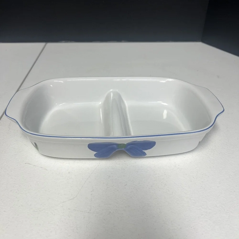 Maxam white with yellow & blue florals bakeware hand painted Portugal 2 sections